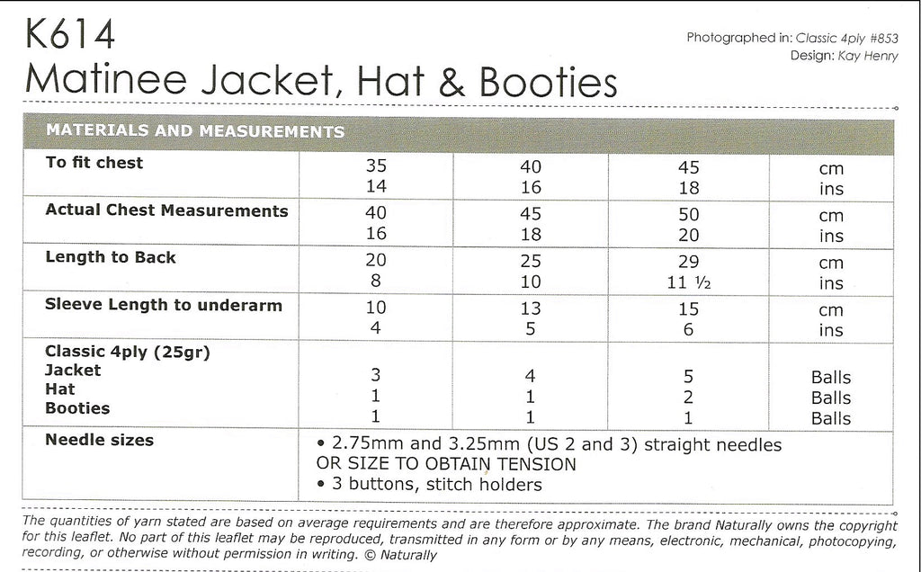 Naturally Yarns - Matinee Jacket, Hat & Booties (K614)