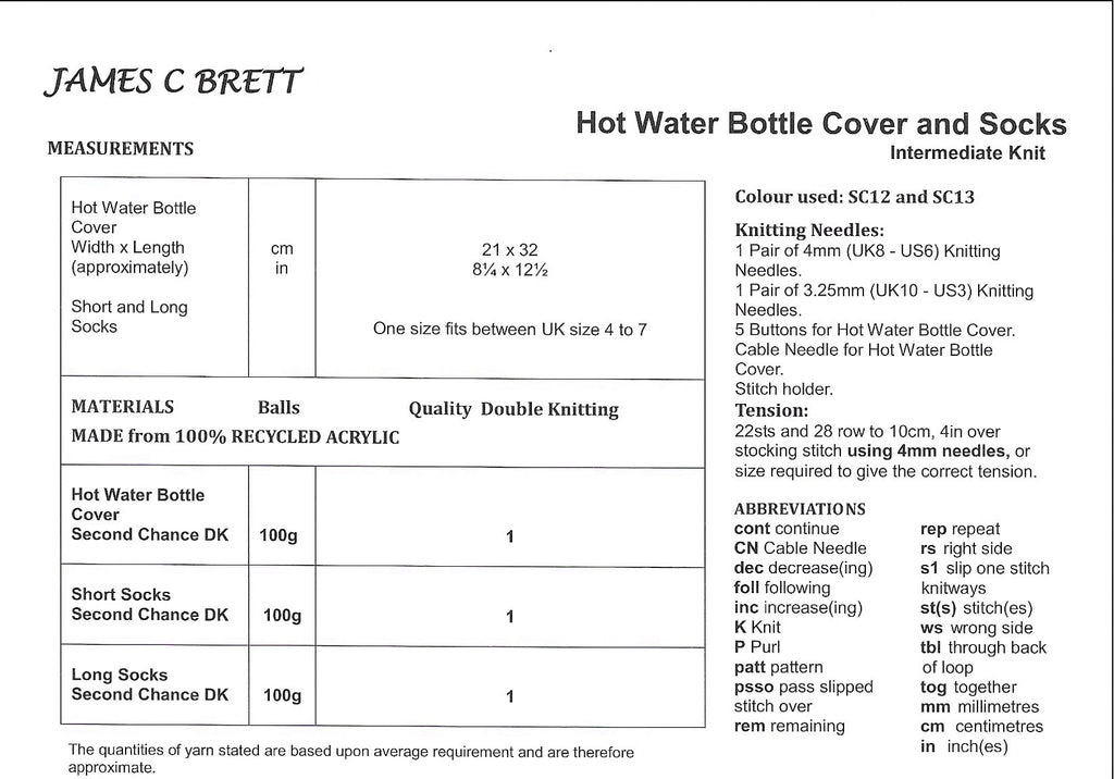 James C. Brett - Hot Water Bottle Cover & Socks (JB791)