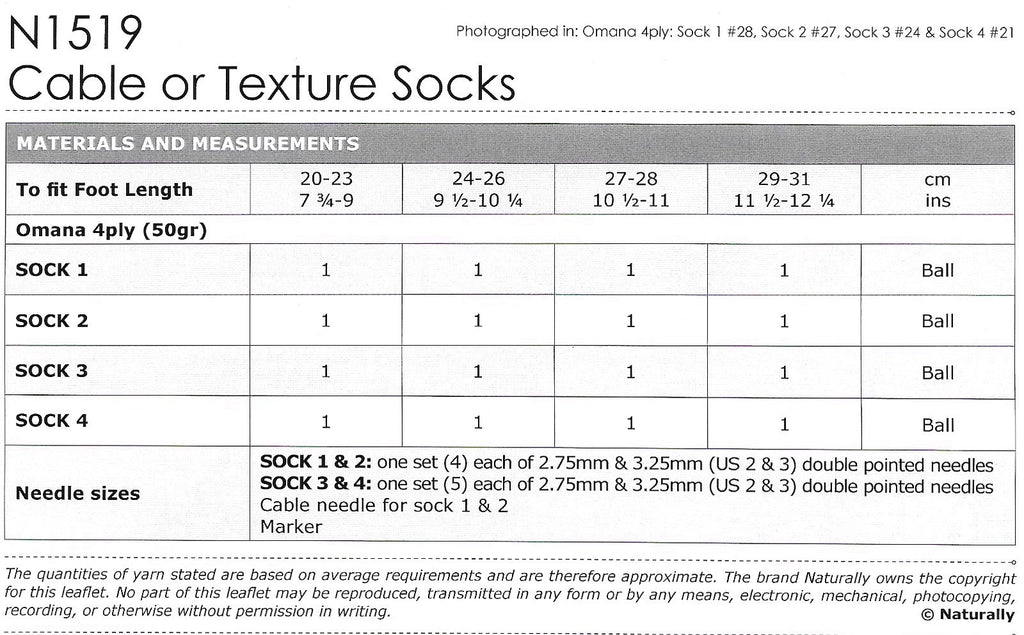 Naturally Yarns - Set of Socks with Cable (N1519)